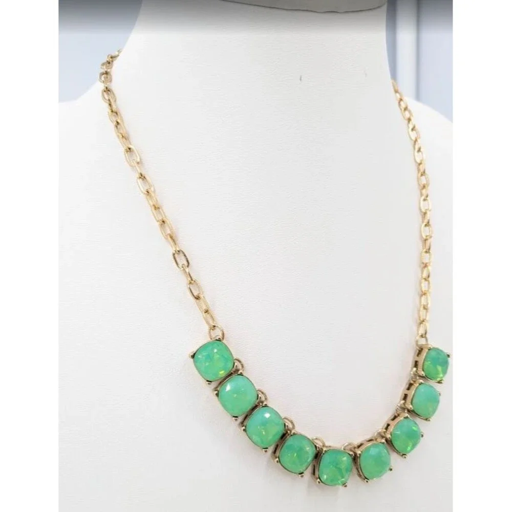 Express Aqua Opalescent Statement Necklace Gold Tone Green Faceted 9 Stone Bib